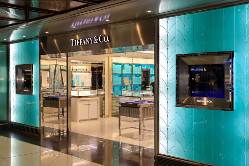 Hong Kong - February 28, 2023: Exterior of a luxury brand name retail store in the departure lounge of the Hong Kong International airport.