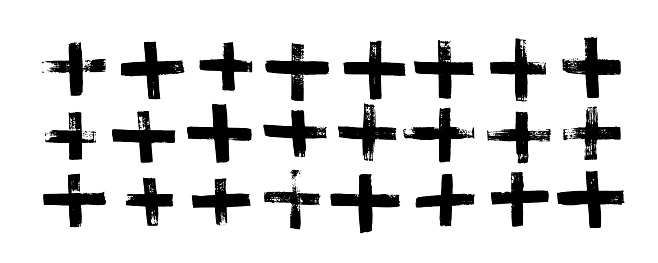 Collection of grunge vector crosses and pluses. Abstract geometric brush strokes, simple math symbols isolated on white background. Handdrawn vector ink illustration. Simple minimalistic graphic signs