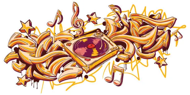 Vector illustration of Turntable with graffiti arrows and musical notes, colorful funky music design