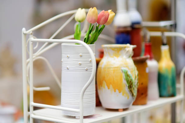 Ceramic dishes, tableware and jugs sold on Easter market in Vilnius. Lithuanian capital's annual traditional crafts fair is held every March on Old Town streets.