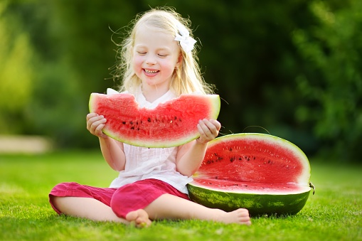 Funny little girl biting a slice of watermelon outdoors on warm and sunny summer day. Healthy organic food for little kids.