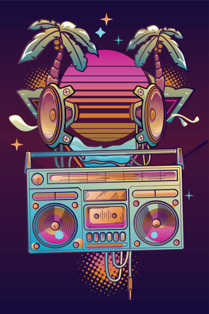 Boom box, speakers and palms on sunset - retro wave electronic music design Decorative vector artwork goa beach party stock illustrations