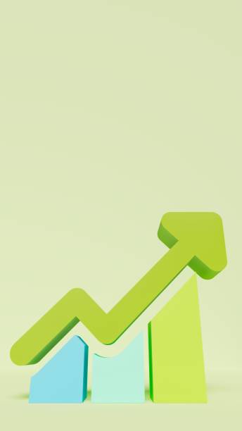 istock Rising arrow and bars iconography on a green stage, sustainability theme, performance, profitability, 3d rendering, vertical position 1478226268