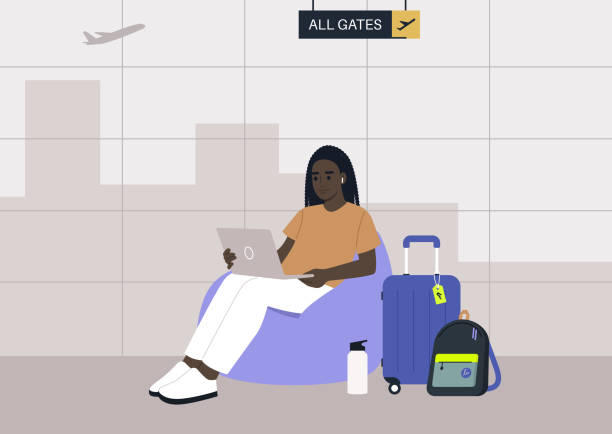 ein junger afrikaner sitzt auf einem sitzsack und tippt auf seinem laptop in der business lounge des flughafens - vehicle interior corporate jet jet private airplane stock-grafiken, -clipart, -cartoons und -symbole