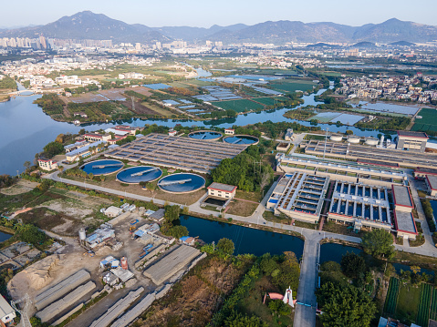 Aerial view of the equipment of the sewage treatment plant in operation