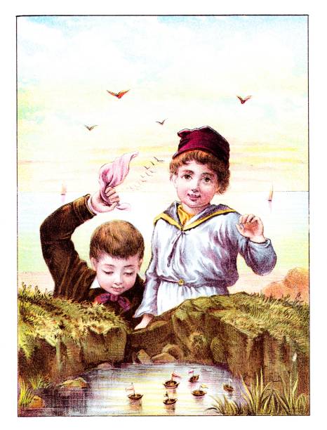 Two boys sail toy sailboats. Color Illustration published 1889. Original edition is from my own archives. Copyright has expired and is in Public Domain.