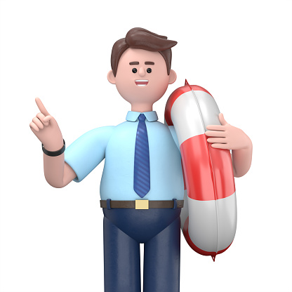 3D illustration of smiling Asian man Felix   hold inflatable ring point index finger aside. Summer vacation sea rest sun tan concept.3D rendering on white background.