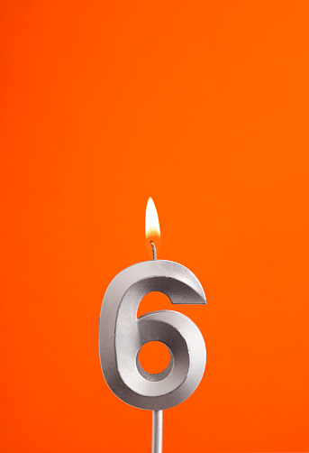 Candle number 6 - Birthday in orange foamy background