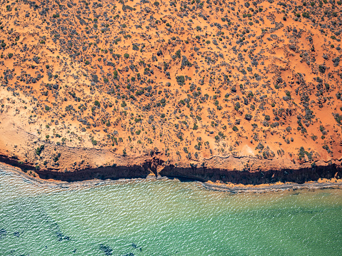 Aerial view Shark Bay coastline in Western Australia taken from a small plane