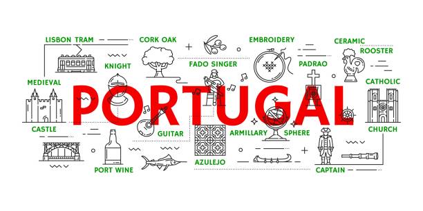 포르투갈 여행 아이콘 리스본 랜드 마크, 관광 - portuguese culture lisbon portugal portugal flag stock illustrations