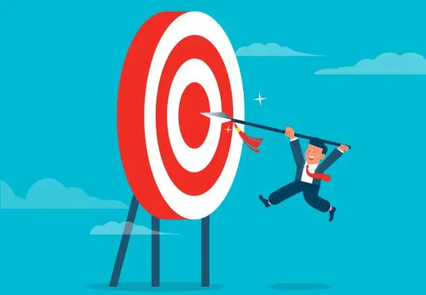 Vector illustration of Achieving or completing a target plan, striving for success, pushing one's limits and winning success, a businessman jumping up with a spear and stabbing at a bullseye.