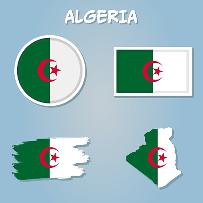 Detailed illustration of a map of Algeria with flag, vector.