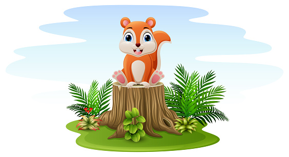 Vector illustration of Cartoon squirrel sitting on tree stump