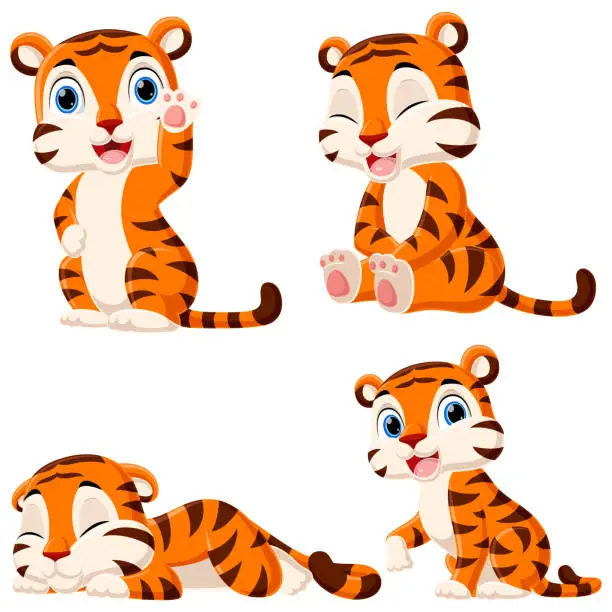 Vector illustration of Set of little tiger cartoon