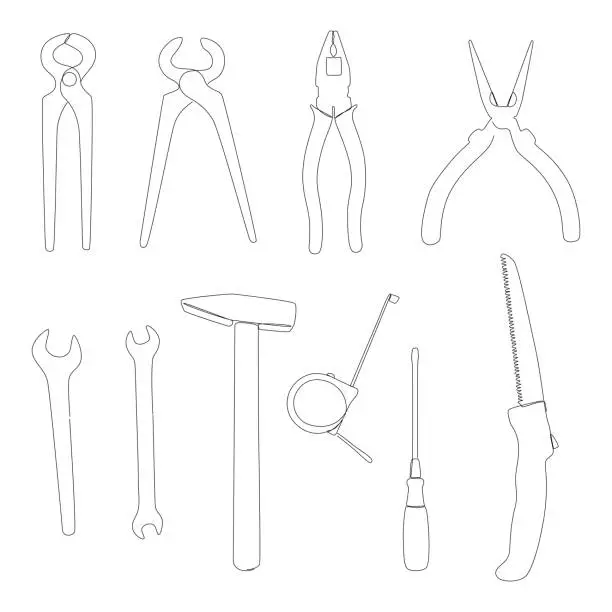 Vector illustration of One continuous line set of Work Tools. Wrench, Pliers, Tongs, Ruler tape, Hammer. Thin Line Illustration vector concept. Contour Drawing Creative ideas.