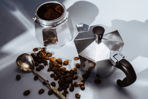 istock Traditional coffee maker. Geyser Coffee Maker. Silver geyser coffee maker. Device for kitchen. aromatic coffee. 1478255038