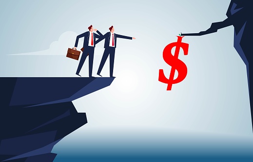 Risking to achieve business success or to get more money, the businessman standing on the edge of the cliff thinks about getting the dollars that grow on the cliff face