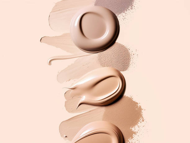 istock Composition with cosmetics swatch on a pastel beige background with skin concealer, foundation, face powder. 1478258715