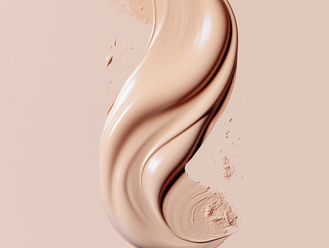 Cosmetic swatch of foundation cream on a pastel beige background. Cosmetics swatch with makeup concealers, cream, foundation. Close-up