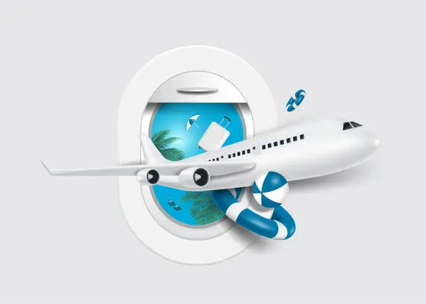 Vector illustration of Airplane window is in middle and outside window there is view of coconut trees and sea and in front there is airplane taking off,life buoys,inflatable balls, luggage