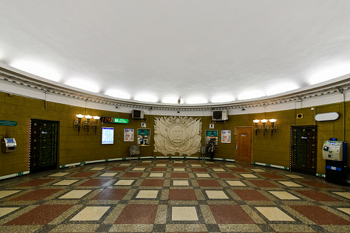 Saint Petersburg, Russia - Dec 24, 2021: Beautiful interior of the Avtovo Metro Station in Saint Petersburg, Russia, Europe