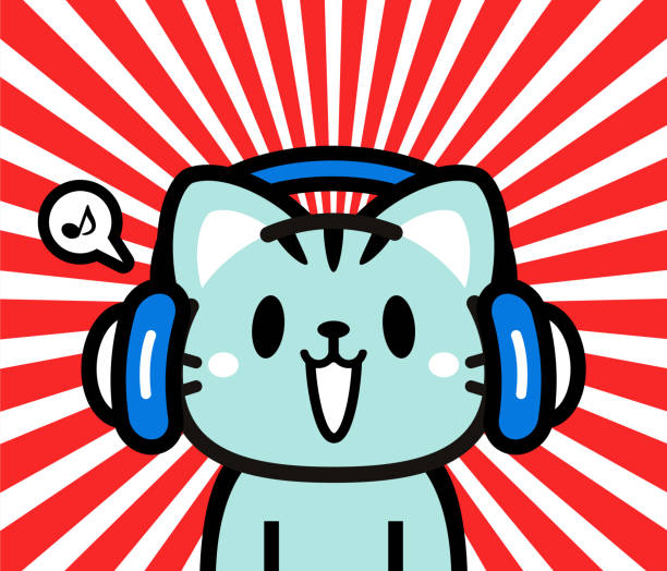 Lindo diseño de personaje de un pequeño gato con auriculares - ilustración de arte vectorial