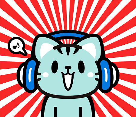 Animal characters vector art illustration.
Cute character design of a little cat wearing headphones.