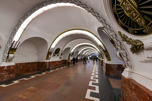 Saint Petersburg, Russia - Dec 25, 2021: Interior of the  Ploshchad Vosstaniya metro station in Saint Petersburg, Russia.