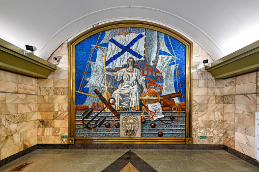 St. Petersburg Russia - Dec 24, 2021: Interior of the lobby of the Admiralteyskaya station. This station is one of the deepest in the world.