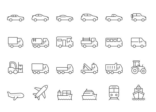 ilustrações, clipart, desenhos animados e ícones de ícones da linha de veículos - semi truck vehicle trailer truck empty
