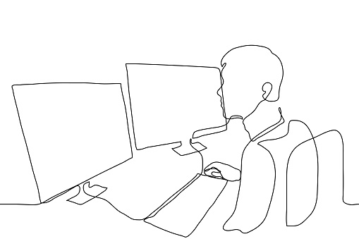 Man Using Computer Drawing Front Left Man Sits In Front Of Two Monitors One Line Drawing Works At Once For ...