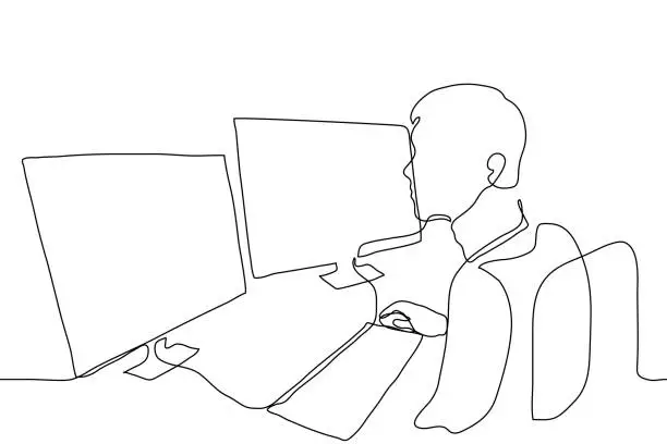 Vector illustration of man sits in front of two monitors. one line drawing works at once for two computers, his hand on a computer mouse