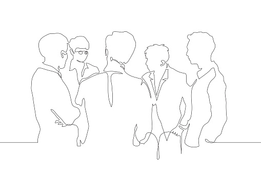 A continuous line drawing of a crowd of men in suits, one of them says the rest are watching and listening to him. The concept of discussion, friendship, informal conversation, successful negotiations