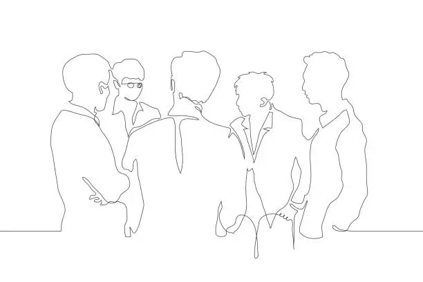 Vector illustration of continuous line drawing of a crowd of men in suits, one of them says the rest are watching and listening to him