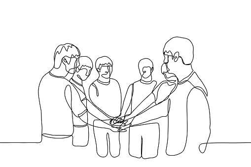 group of men stands in a close circle, with their hands in the center and palms down. One continuous. The concept of a sports team, close friends, partners, family ties.