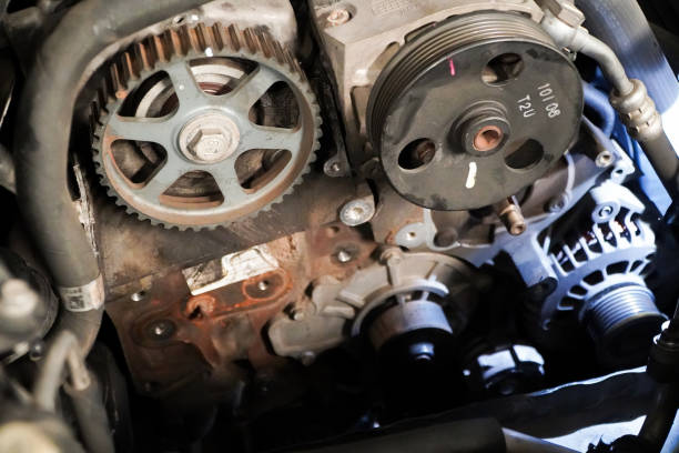 istock Old timing belt with rollers mounted on an old engine in the garage. concept of changing the timing belt at certain distances. 1478275440