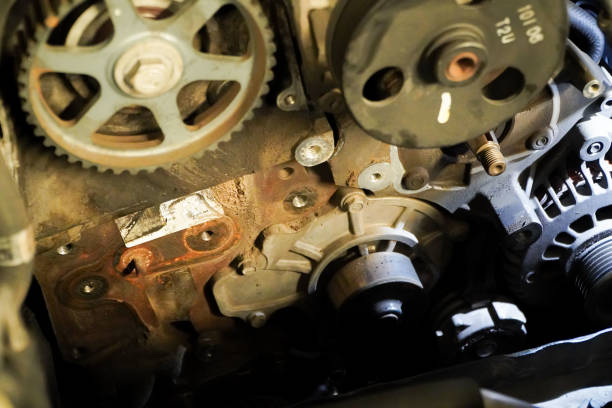 istock Old timing belt with rollers mounted on an old engine in the garage. concept of changing the timing belt at certain distances. 1478275451