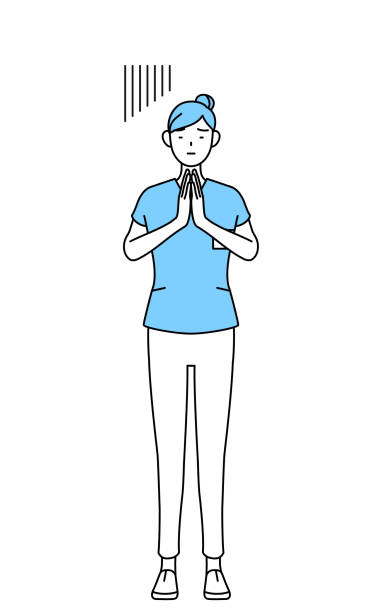 женщина-медсестра, физиотерапевт, эрготерапевт, логопед, помощник медсестры в униформе извиняются руками перед своим телом. - yoga women emotional stress praying stock illustrations