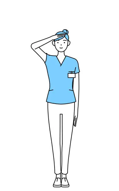 Vector illustration of Female nurse, physical therapist, occupational therapist, speech therapist, nursing assistant in Uniform making a salute.