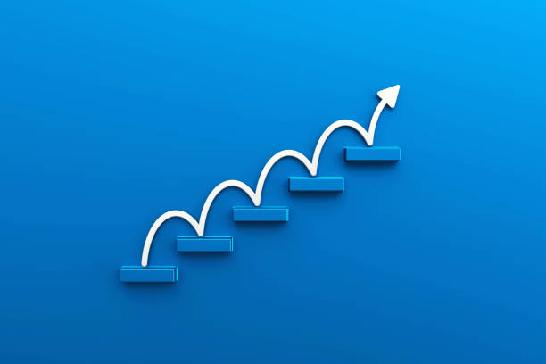 Blue metal block stacking as step stair with white arrow up on blue background, Ladder of success in business growth concept, copy space. 3d rendering