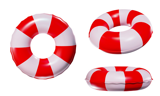 rendering of a red and white lifebuoy or inflatable ring from different angles. vector illustration in 3d style