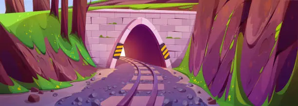 Vector illustration of Cartoon railway tunnel in mountains