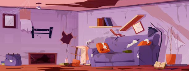 Old broken living room interior. Abandoned house Cartoon vector background with old dirty living room. Abandoned house with messy furniture and torn sofa with stain. Disaster at home with garbage. Untidy apartment with crack on wall. dirty old couch stock illustrations