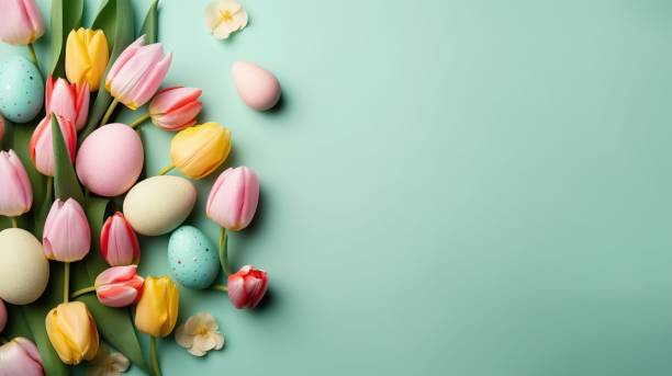 istock Happy Easter card background with tulips and decorative eggs in various colors 1478284663