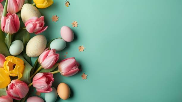 istock Top View of Happy Easter celebration background with tulips and decorative eggs in various colors 1478284761