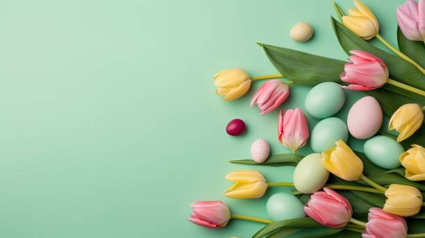 istock Happy easter holiday concept with tulips and decorative eggs in various colors 1478284904