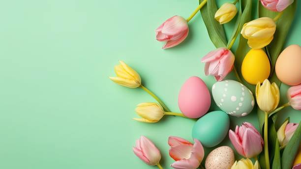 istock Happy easter holiday celebration background with tulips and decorative eggs in various colors 1478284922