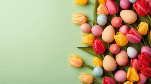 istock Happy easter holiday greeting background with tulips and decorative eggs in various colors 1478284948