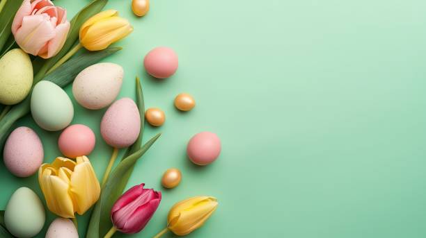 istock Happy Easter card background with tulips and decorative eggs 1478285056