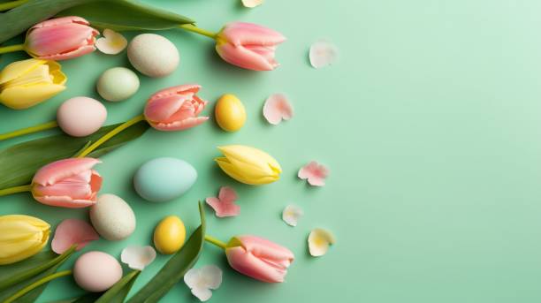 istock Top View of Happy Easter background with tulips and decorative eggs 1478285079